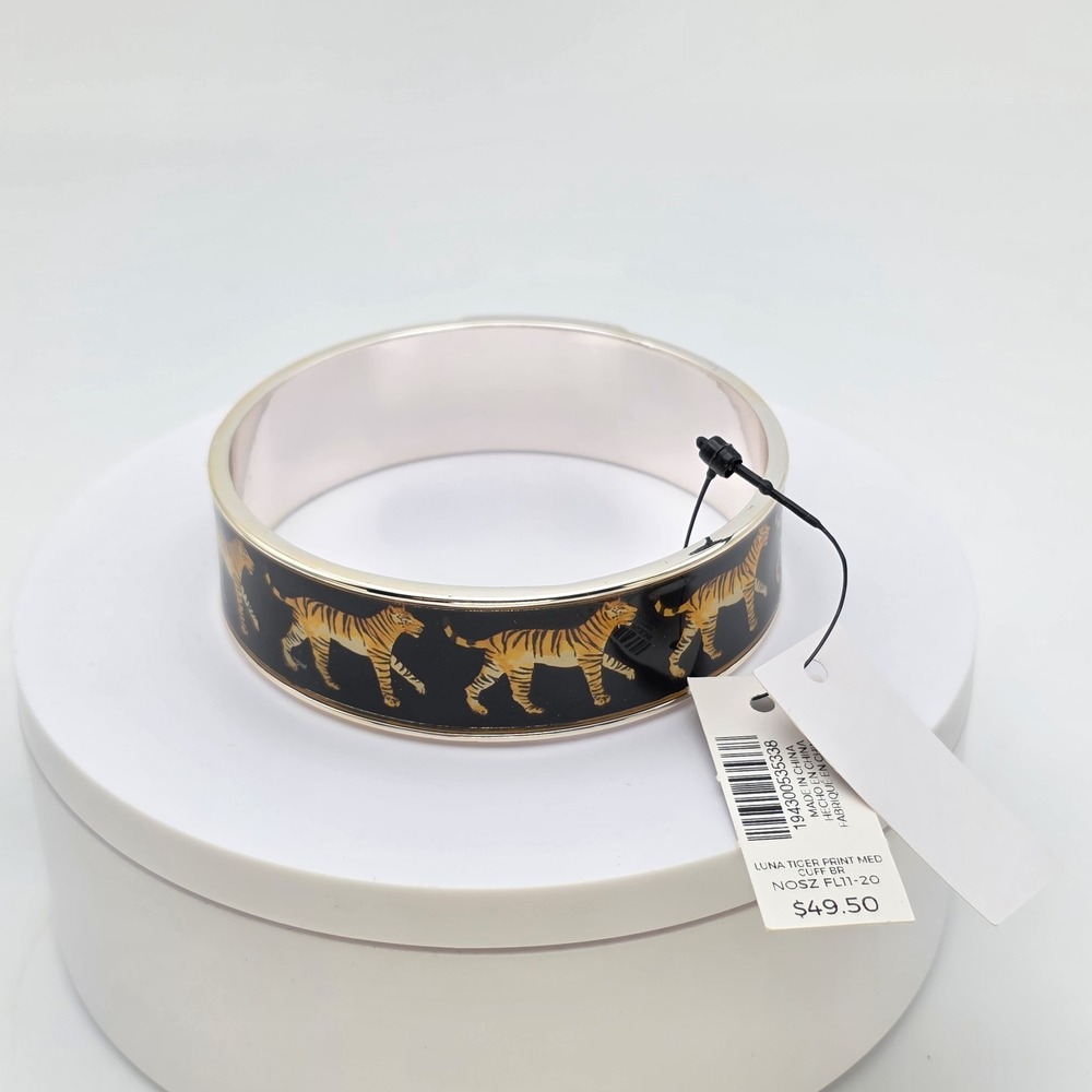 New! CHICO'S Luna Bracelet Tiger Print Wide Bangle Enamel Silver Tone New W Tags - Picture 3 of 6